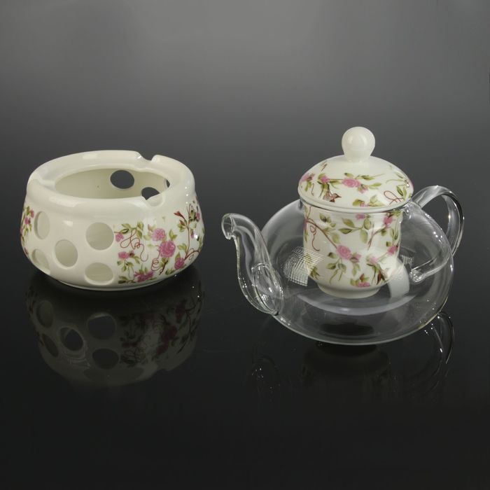 Чайник заварочный 800 мл "Скарлет" стеклянный, с керамическим ситом и подставкой для подогрева