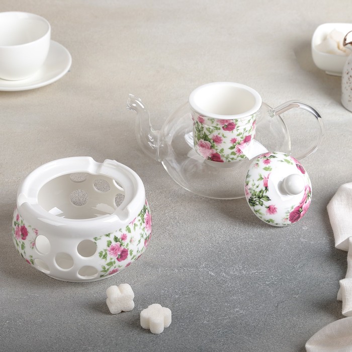 Чайник заварочный 800 мл "Букет", стеклянный с керамическим ситом и подставкой для подогрева