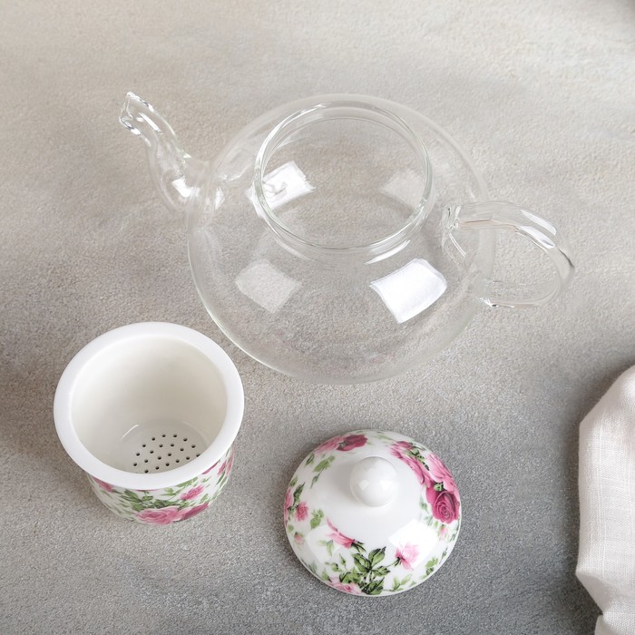 Чайник заварочный 800 мл "Букет", стеклянный с керамическим ситом и подставкой для подогрева