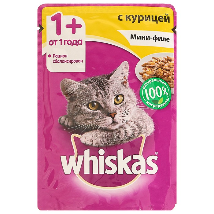 Влажный корм Whiskas для кошек, мини-филе курица, пауч, 85 г