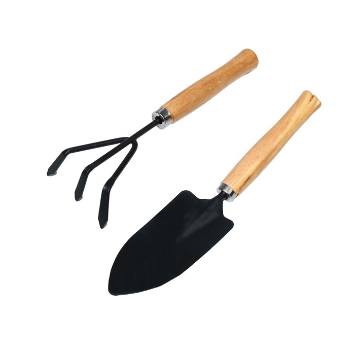 Набор садового инструмента, 2 предмета рыхлитель, совок, длина 26 см, деревянные ручки