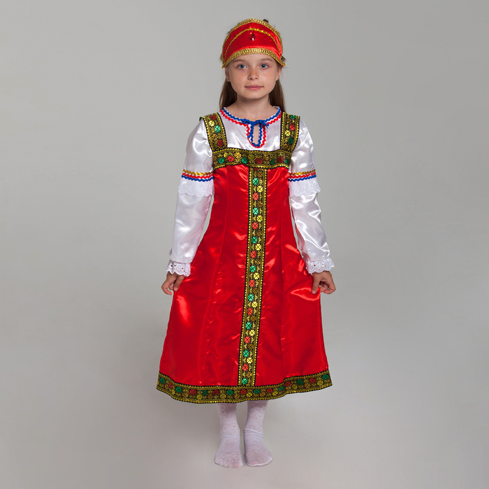 Карнавальный костюм "Русская красавица", платье, рубашка, кокошник, рост 110 см