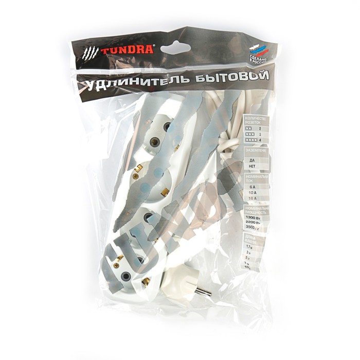 Удлинитель TUNDRA, 4 розетки, 1.7 м, 16 А, ПВС 3х0.75, с з/к, ГОСТ