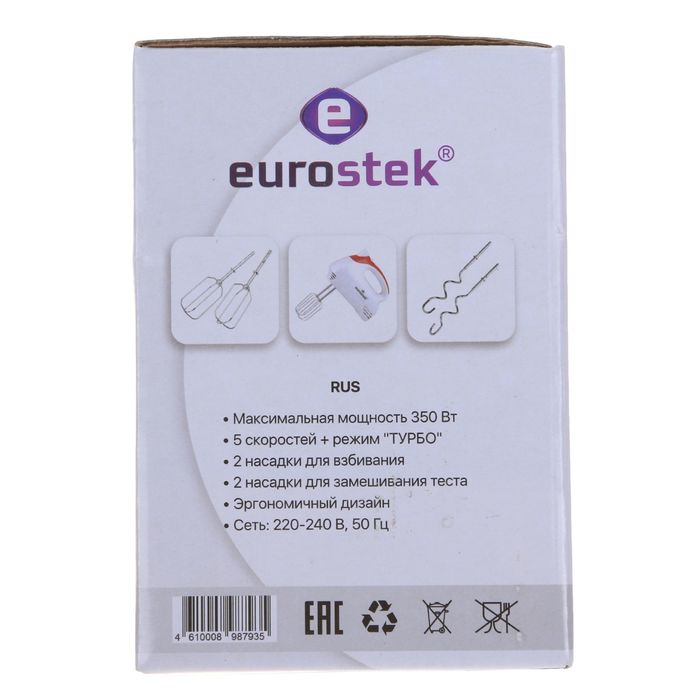 Миксер EuroStek EHM-356, 350 Вт, 5 скоростей, режим ТУРБО, 4 насадки