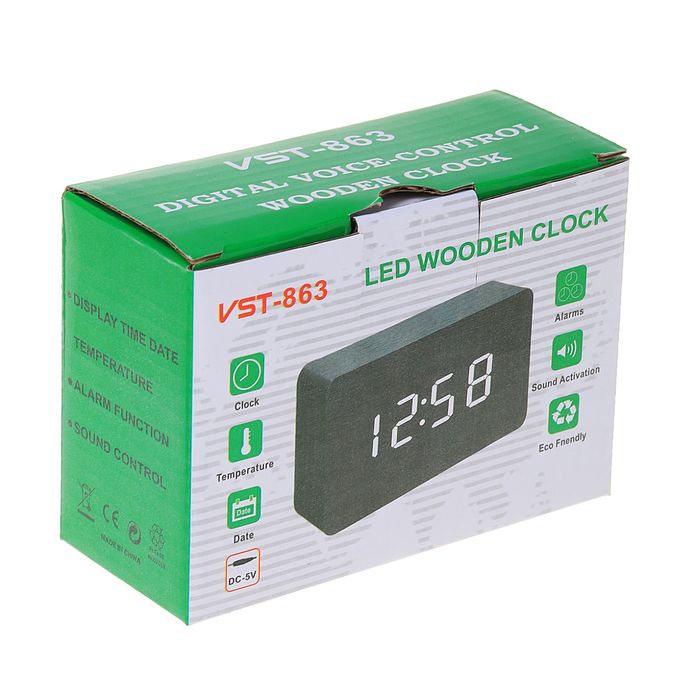 Часы-будильник настольные электронные прямоугольные, тёмное дерево, цифры зелёные, от USB, 10 х 4,5 х 6 см