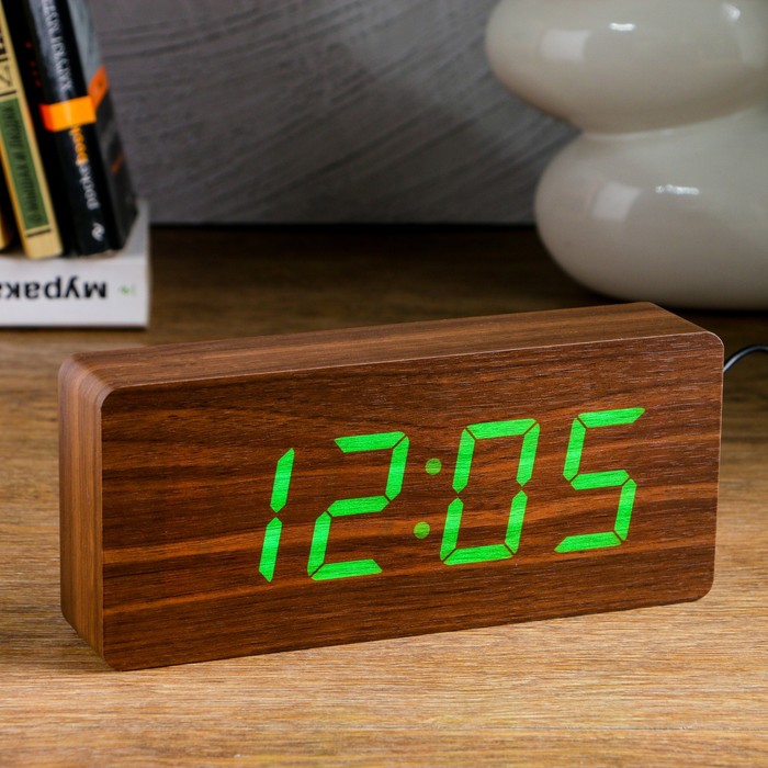Часы-будильник настольные электронные прямоугольные, цвет венге, цифры зелёные, от сети, 21 х 5 х 9 см