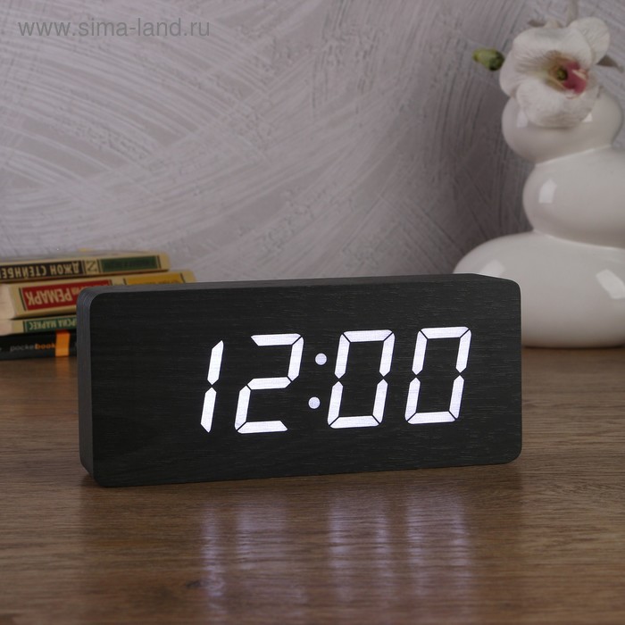 фото Часы-будильник электронные, с термометром, белые цифры, 21х9х5 см
