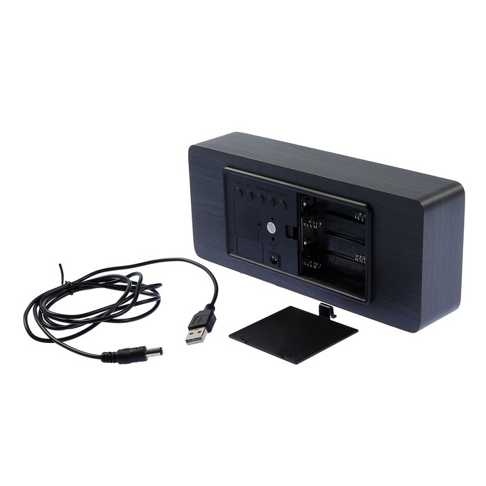 Часы-будильник настольные электронные прямоугольные, тёмное дерево, цифры белые, от сети, 21 х 5 х 9 см