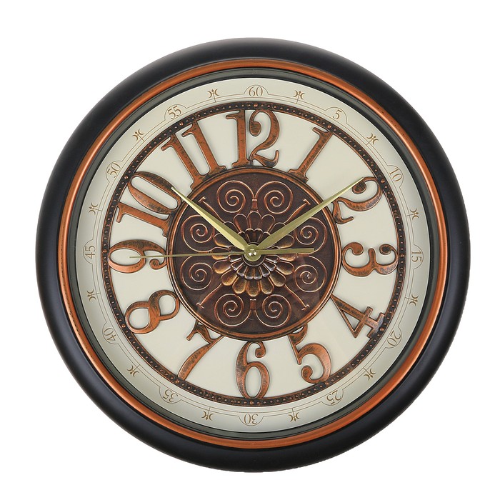 Часы настенные, круглые, циф-т с узором, рама с золотым кантом, чёрные, d=40 см