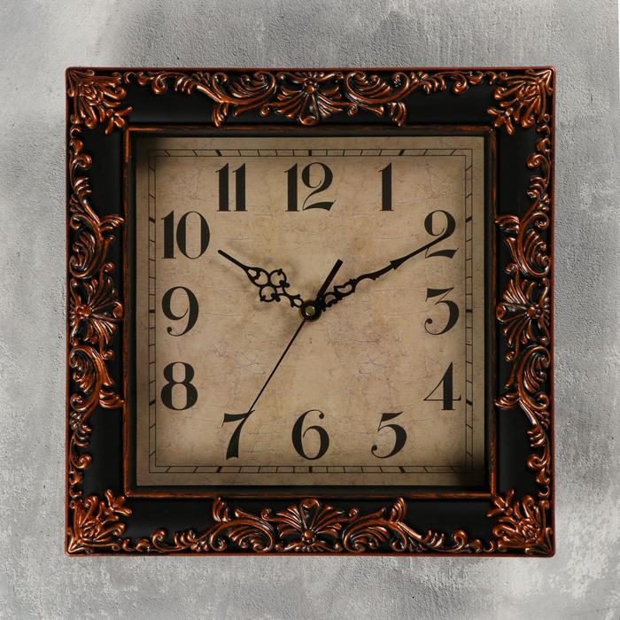 Часы настенные, квадратные, бронзовый узор, чёрные, 30х30 см