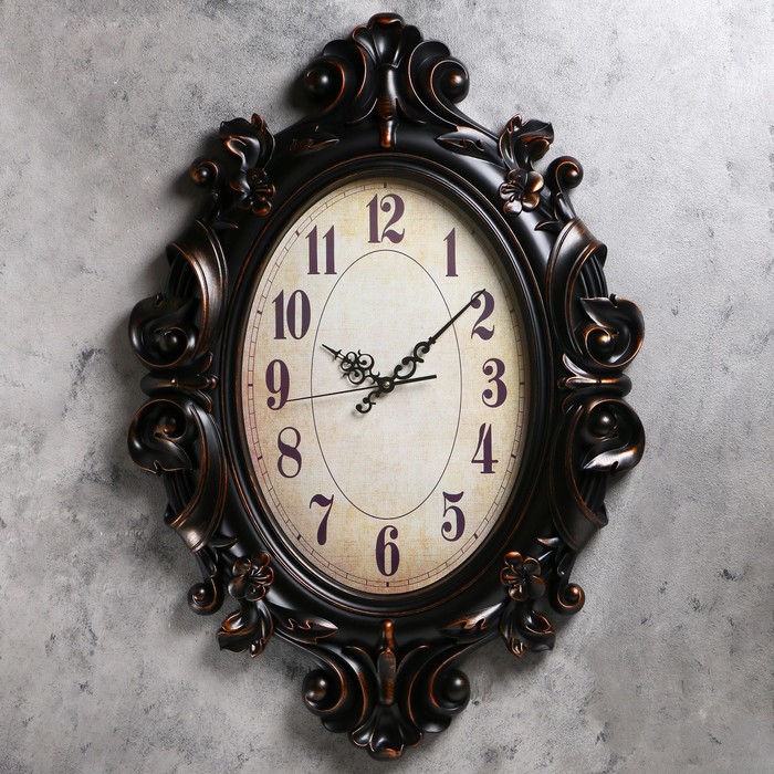 Часы интерьерные овал, рама с узором розы черная, циферблат ретро 57х5х80