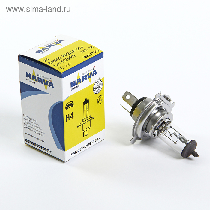 Лампа автомобильная Narva Range Power 50+, H4, 12 В, 60/55 Вт, (P43t) RP50 лампа автомобильная narva rp50 50% h7 12 в 55 вт 48339 бл 1