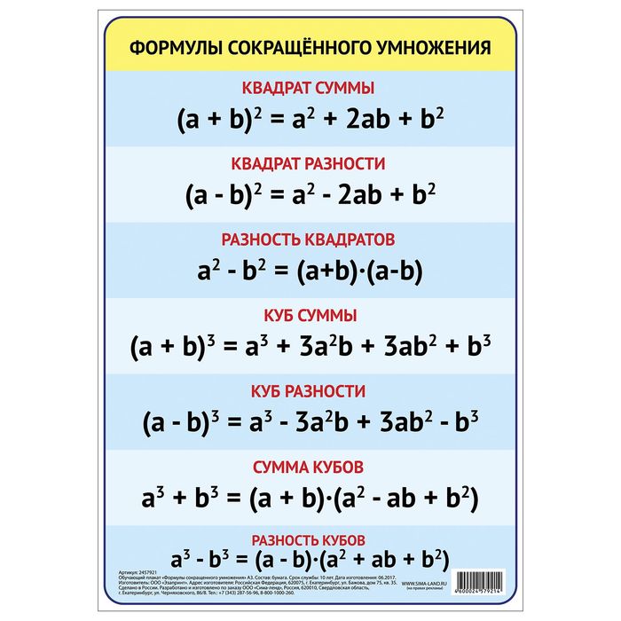 Обучающий плакат "Формулы сокращенного умножения" А2