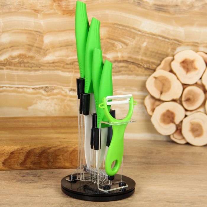 Набор 5 предметов: 4 ножа 8/10,5/13/15 см, овощечистка на подставке, цвет зеленый