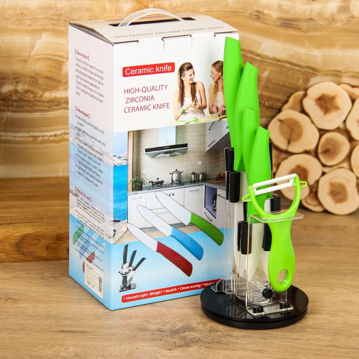 Набор 5 предметов: 4 ножа 8/10,5/13/15 см, овощечистка на подставке, цвет зеленый