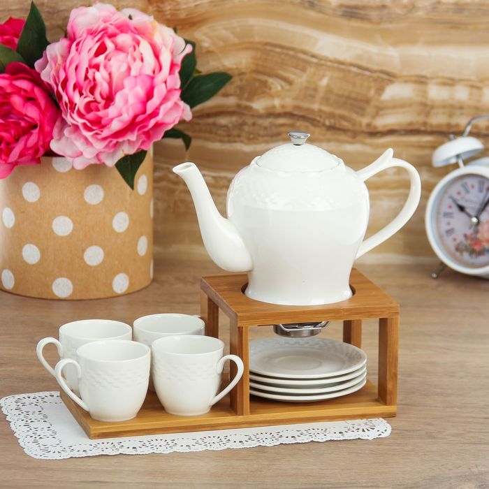 Набор кофейный "Эстет", 9 предметов: чайник 800 мл, кружки 150 мл, на подставке с подогревом