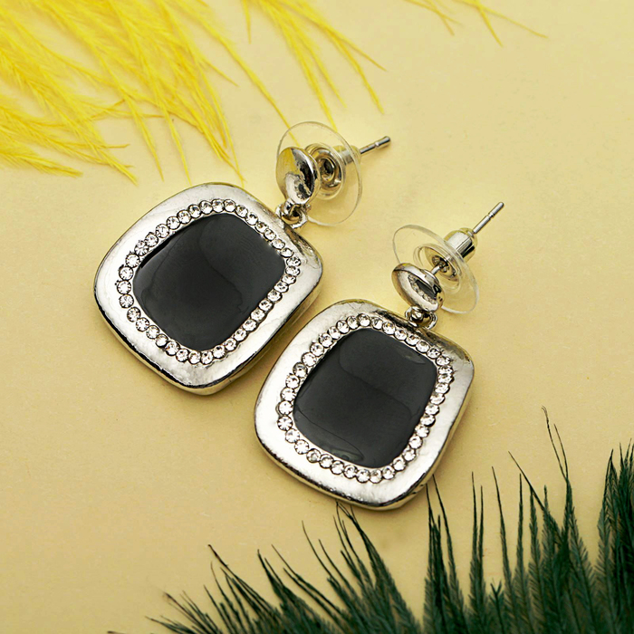 Серьги эмаль "Прямоугольник" с кругом, цвет серый в серебре