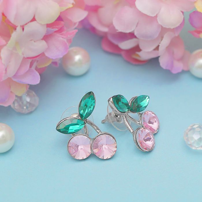 Серьги со стразами "Вишенки", цвет розово-зелёный в серебре