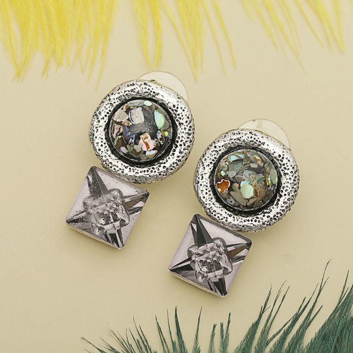 Серьги "Круг" с квадратом, цветные в чернёном серебре