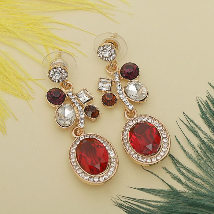 Серьги со стразами "Овал" в рамке, цвет красно-белый в золоте