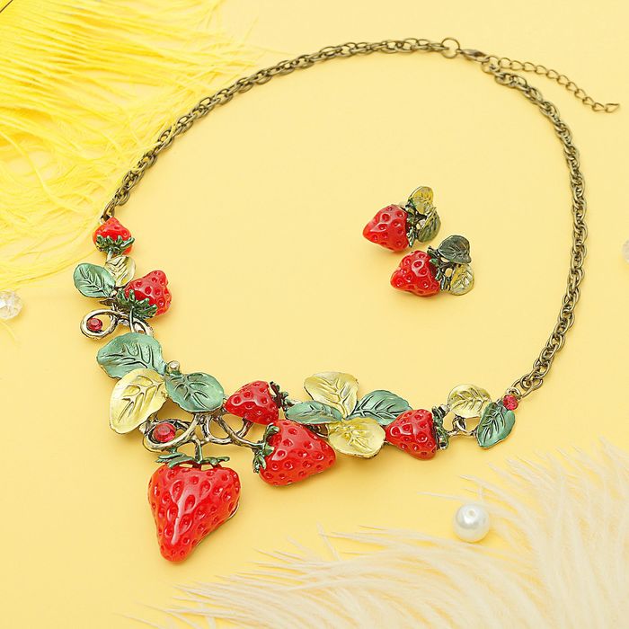 Набор 2 предмета: серьги, колье "Спелые ягоды" клубника, цвет красно-зелёный в сером металле 22711