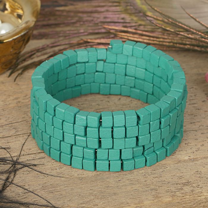 Браслет-пружинка "Деревянный кубик" 4 ряда, цвет темно-зеленый
