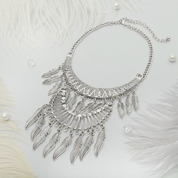 Колье "Египет", перышки, двухъярусное, цвет чернёное серебро
