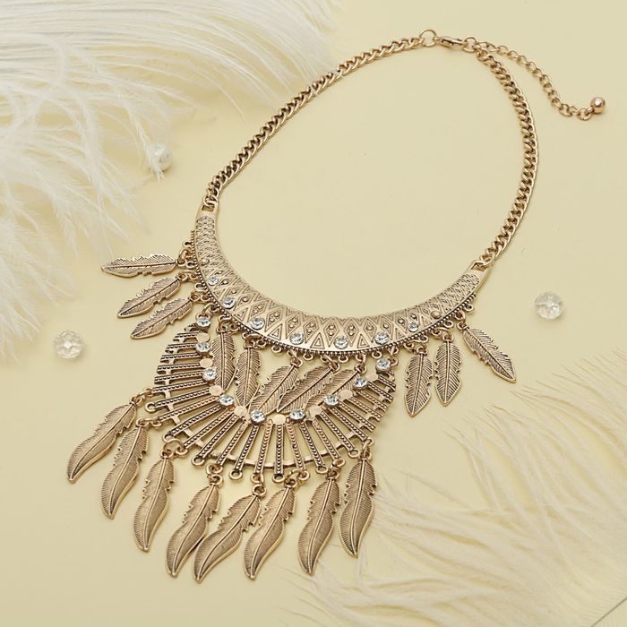 Колье "Египет", перышки, двухъярусное, цвет чернёное золото