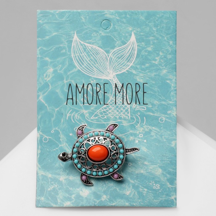 Брошь "Черепашка", этническая, разноцветная в серебре