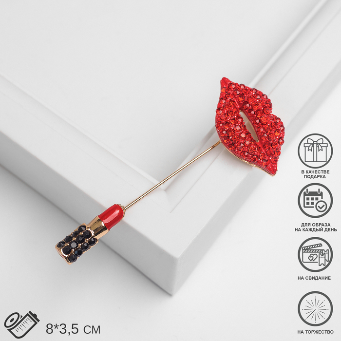 Булавка &quot;Губы с помадой&quot;, 8 см, цвет красно-черный в золоте