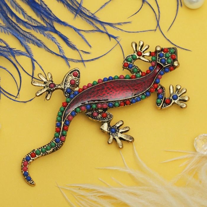 Брошь "Ящер тропический", цветная в черненом золоте