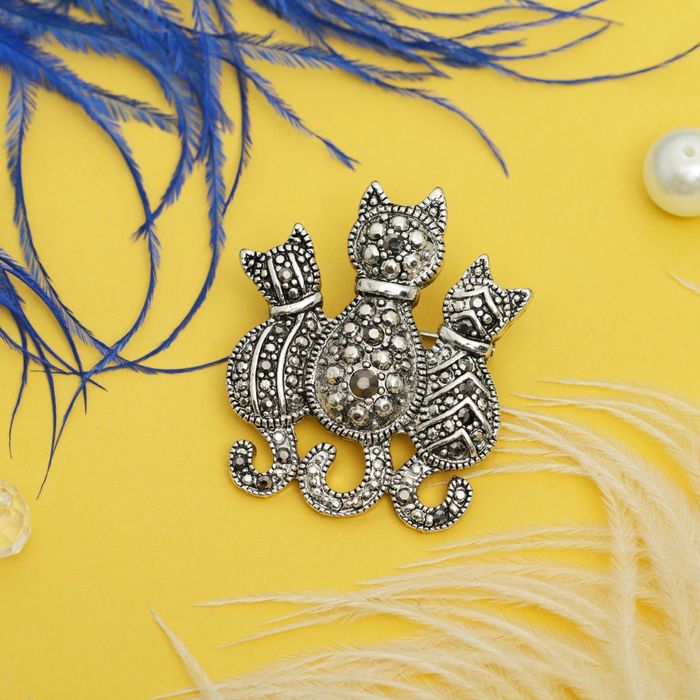 Брошь "Кошачье трио", цвет серый в чернёном серебре