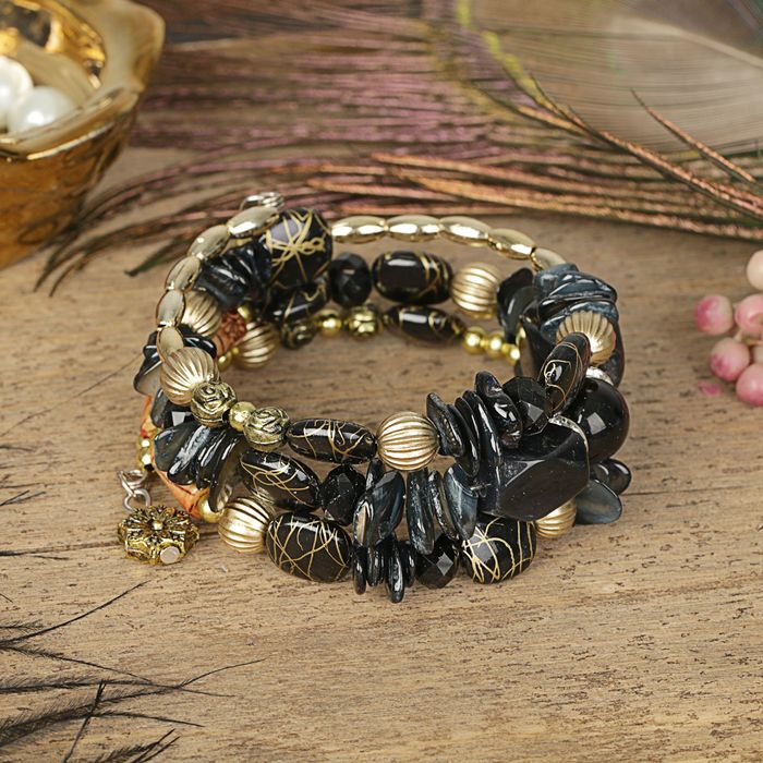 Браслет-пружинка "Натурель" 3 ряда, цвет чёрный в золоте