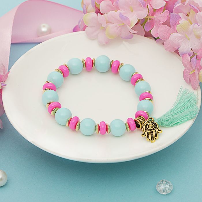 Браслет пластик "Бусины" рука хамса, цвет голубо-розовый