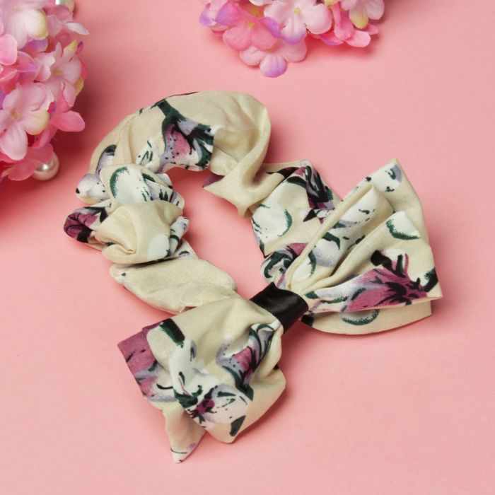 Резинка для волос "Бантик двойной", бежевая, цветы