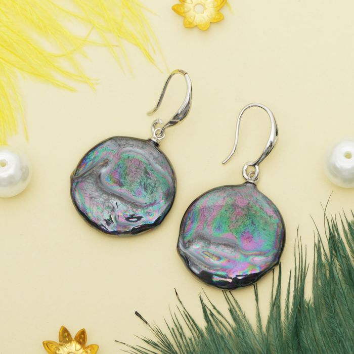 Серьги с перламутром "Майорка" круг, цвет чёрный в серебре