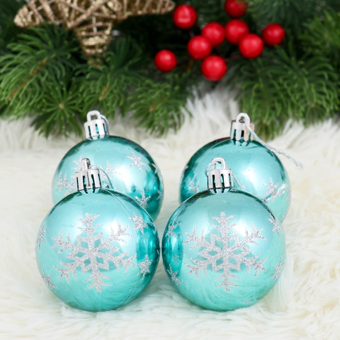 Набор шаров пластик d-6 см 6 шт "Глянец снежинка" голубой