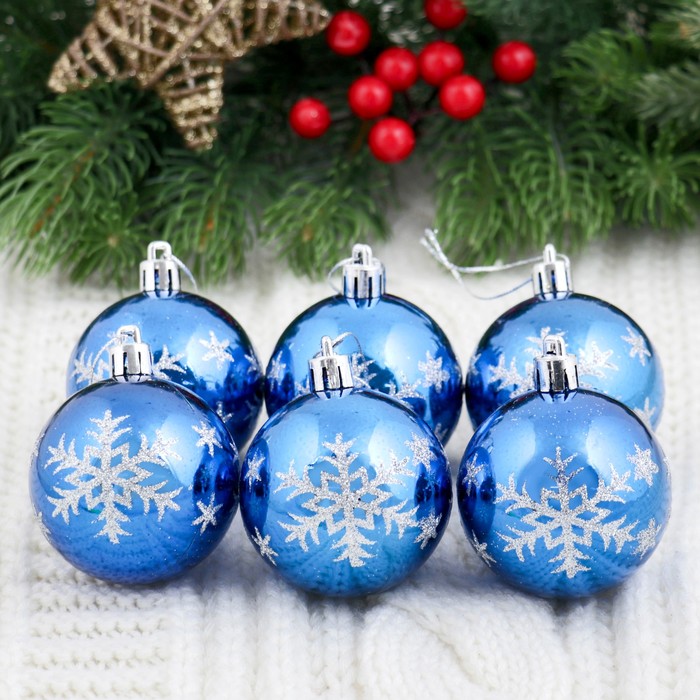 Набор шаров пластик d-6 см 6 шт "Глянец снежинка" синий