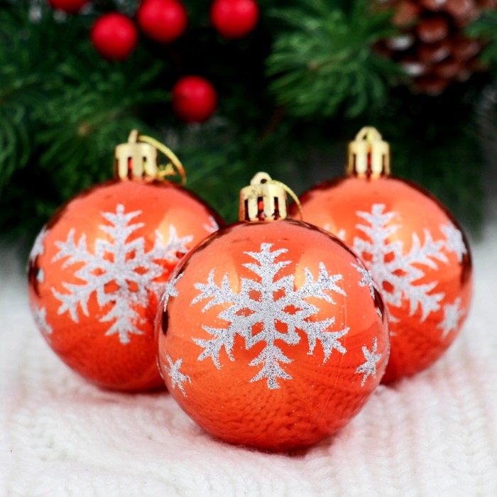 Новогодние шары "Глянец со снежинкой" (набор 6 шт.), оранжевые