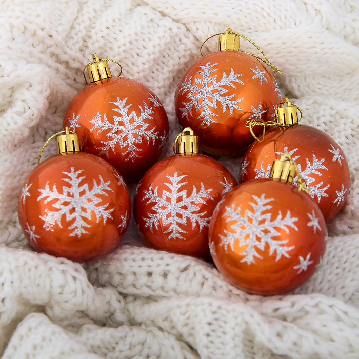 Новогодние шары "Капель" (набор 6 шт.), снежинка, оранжевые