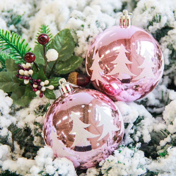 Новогодние шары "Снежные ёлочки" (набор 6 шт.), розовые