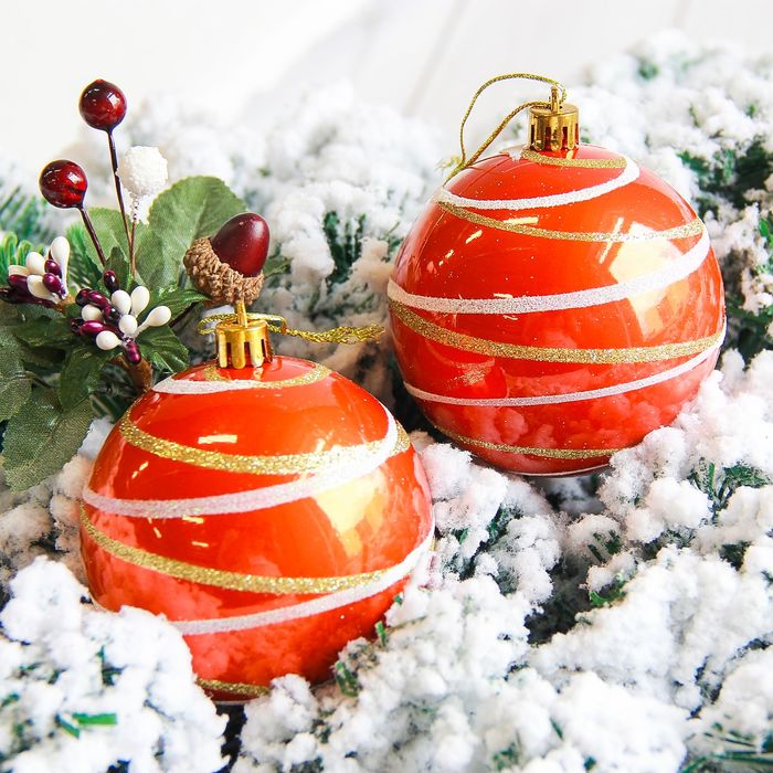 Новогодние шары "Орион" (набор 6 шт.), оранжевые, в полоску