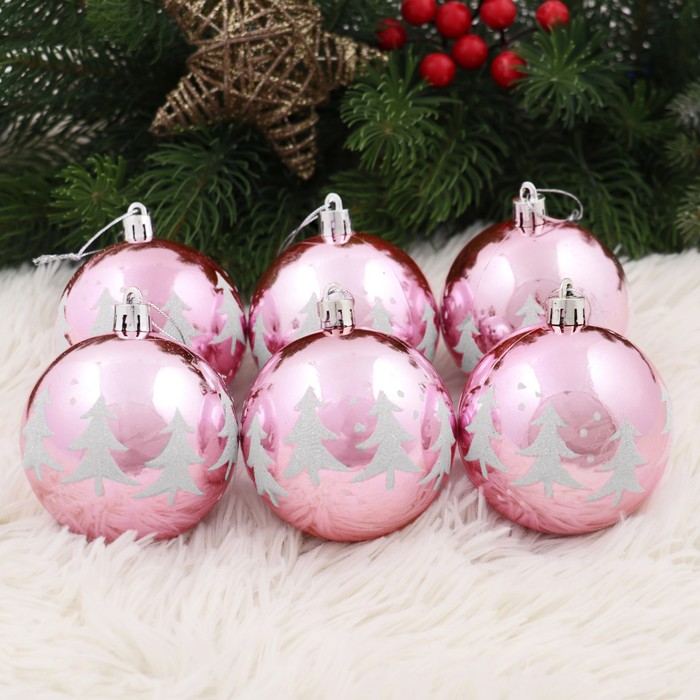 Новогодние шары "Ёлочки" (набор 6 шт.), розовые