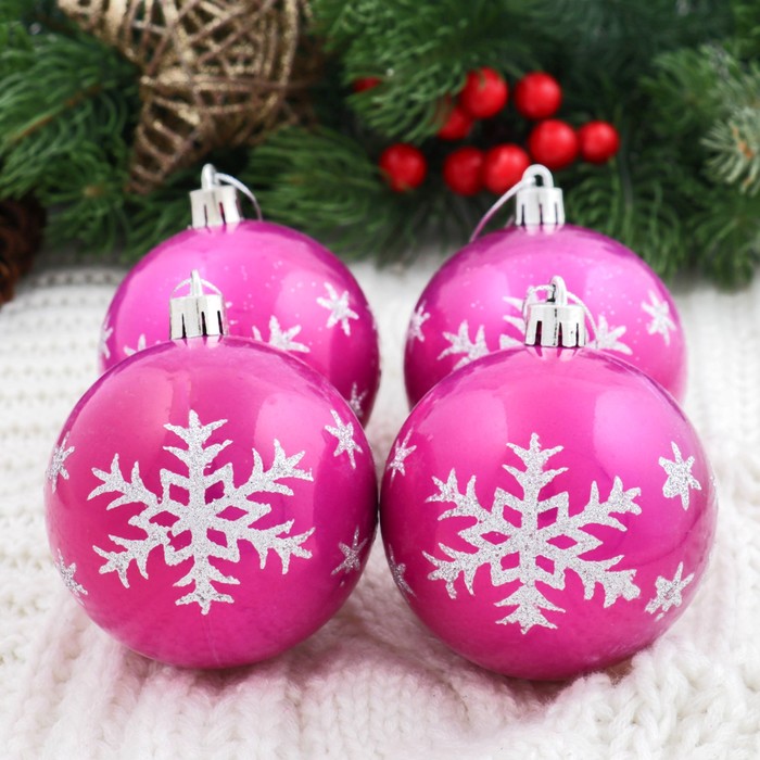 Новогодние шары "Капель" (набор 6 шт.), снежинка, малиновые