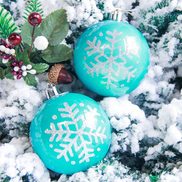 Набор шаров пластик d-7 см 6 шт "Снежинка капель" голубой