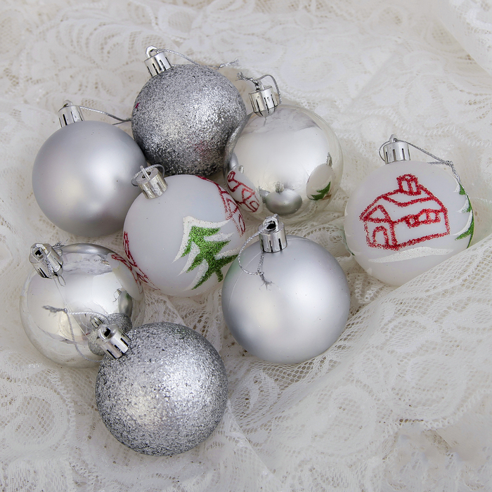 Новогодние шары "Кьюзо" (набор 16 шт.), домик, серебро