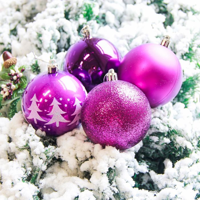 Набор шаров пластик d-8 см 6 шт "Елочки" в тубе фиолет