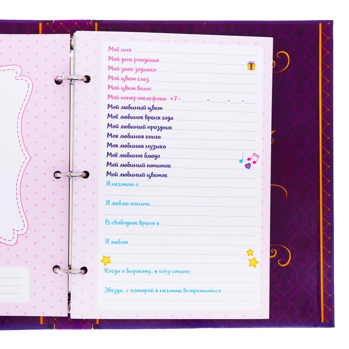 Анкета для девочек на кольцах с наклейками "Анкета ля друзей. Всё самое секретное", твёрдая обложка, 60 страниц