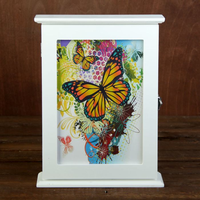 Ключница дерево белая "Яркие бабочки" 29,5х22х6 см