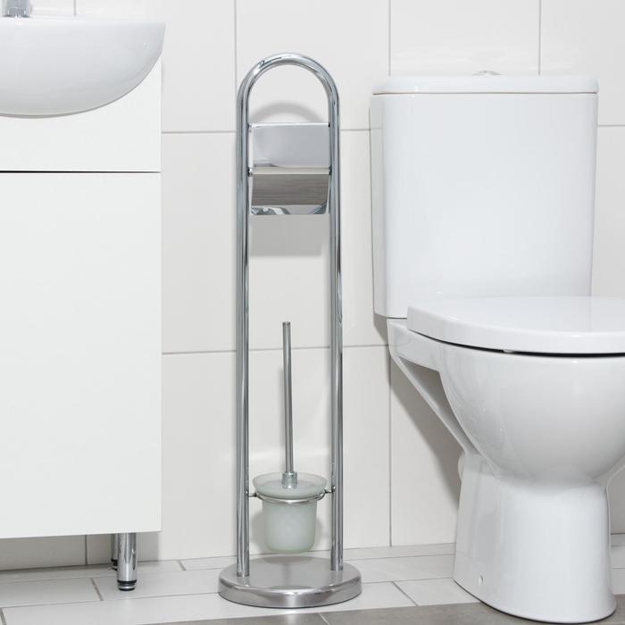 Ёршик для унитаза с подставкой напольный, 22×22×82 см, с держателем для туалетной бумаги, цвет хром ёршик для унитаза напольный с подставкой